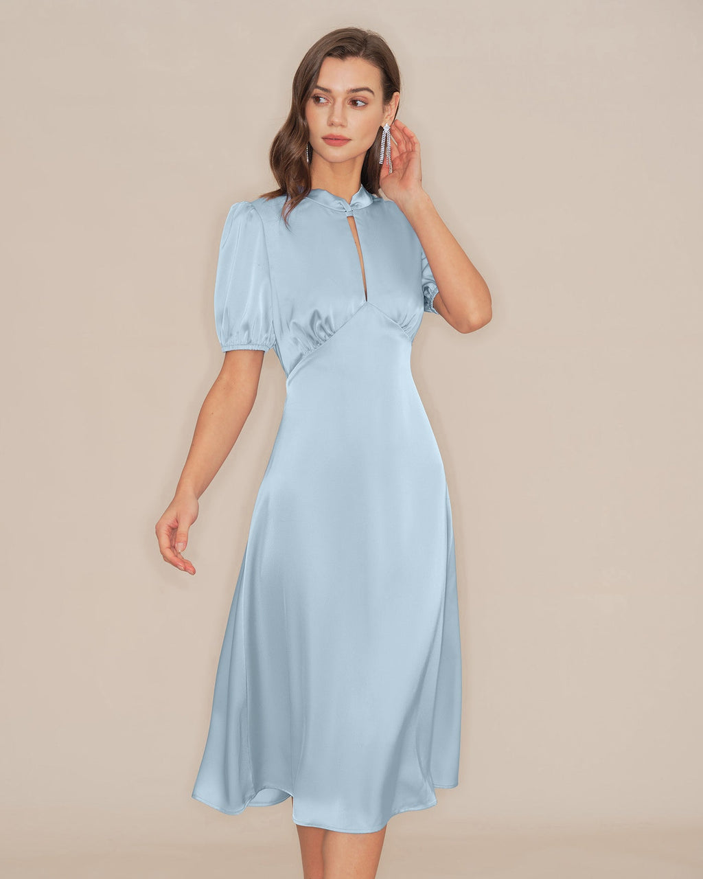 Blue Puffed Sleeve Backless Satin Midi Dress