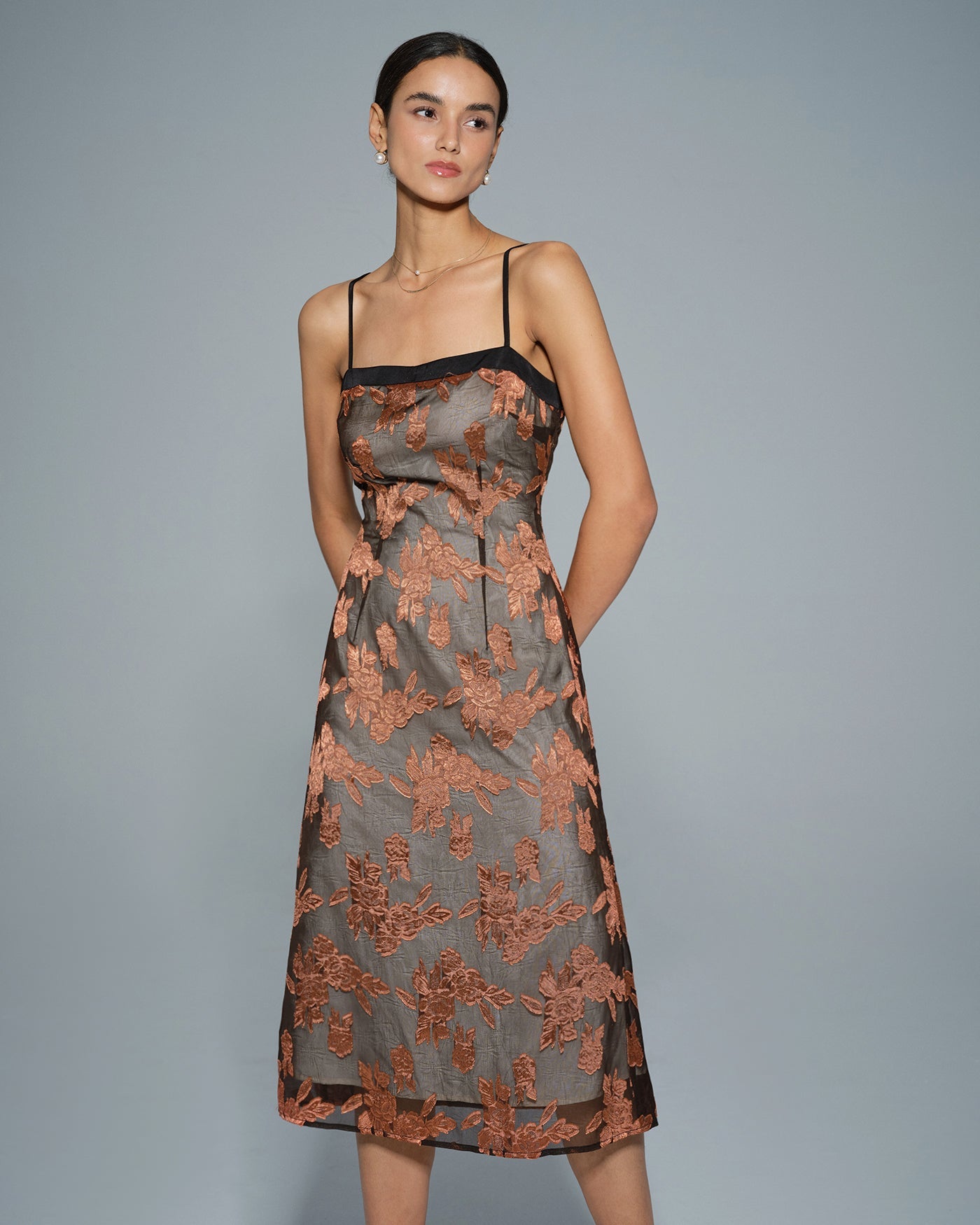 Caramel Floral Slip Midi Dress