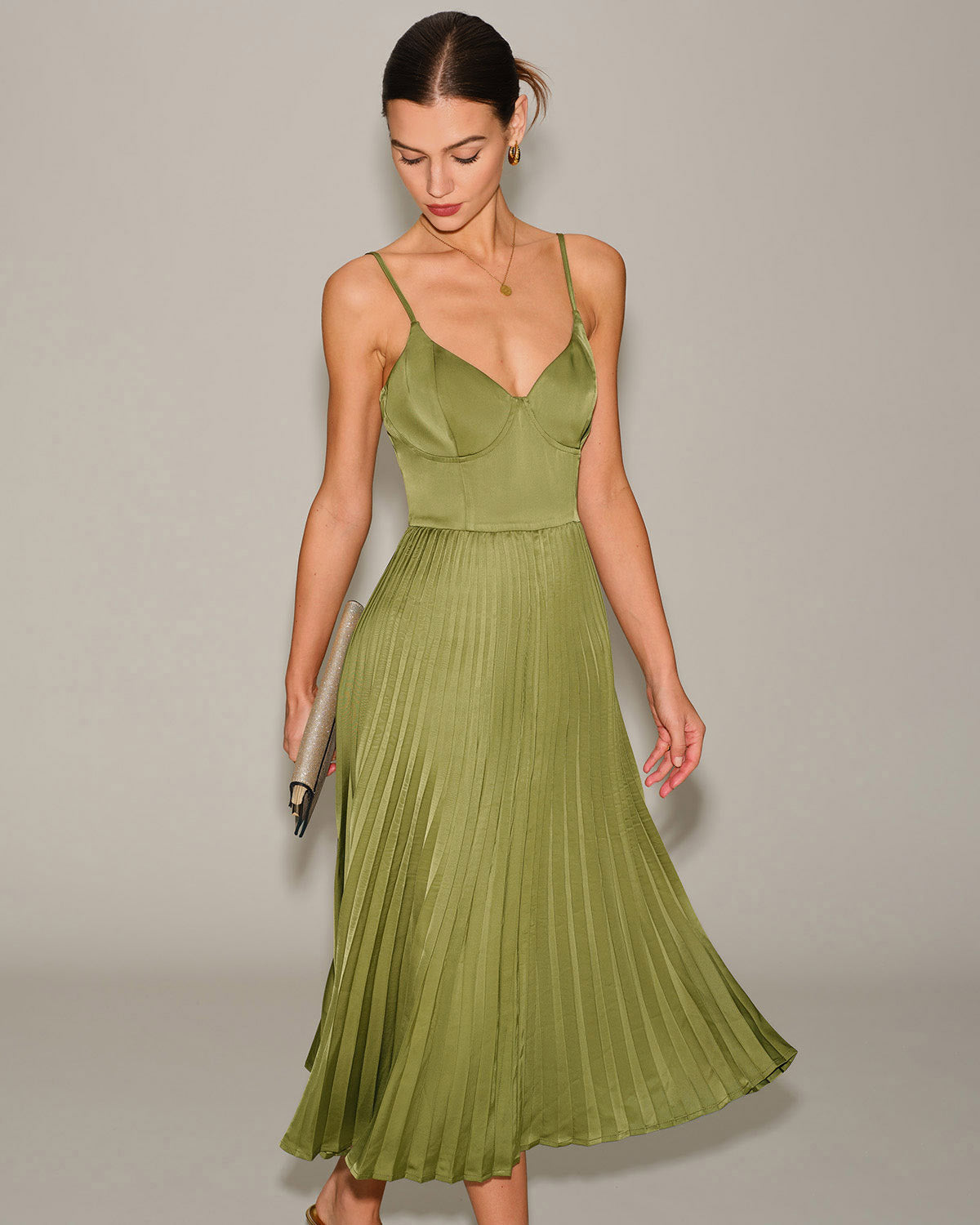 Green Sweetheart Neck Pleated Slip Midi Dress