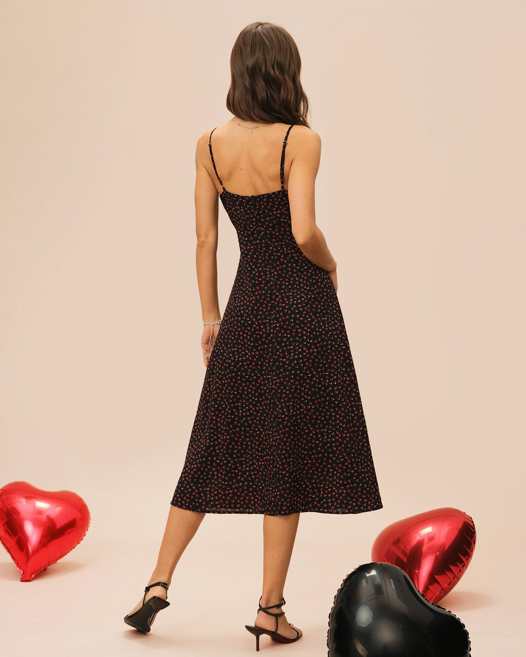 Black Floral Slip A-Line Midi Dress