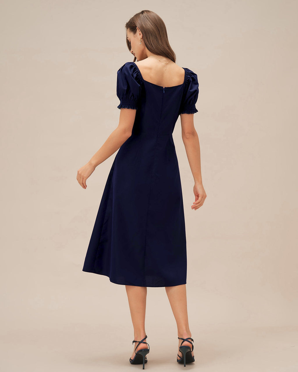 Vestido Midi con Mangas Abullonadas y Cuello de Pico Azul Marino