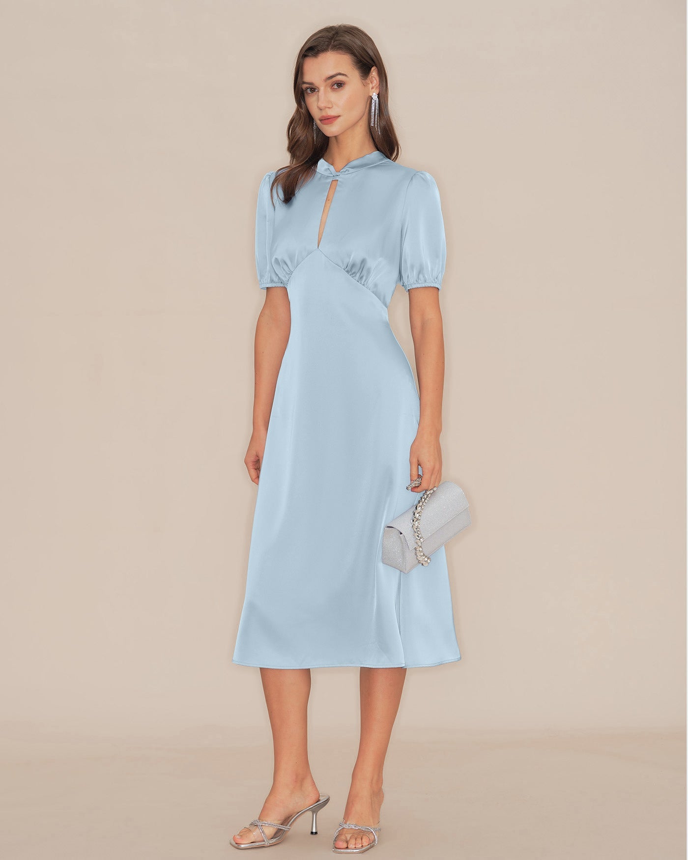 Blue Puffed Sleeve Backless Satin Midi Dress