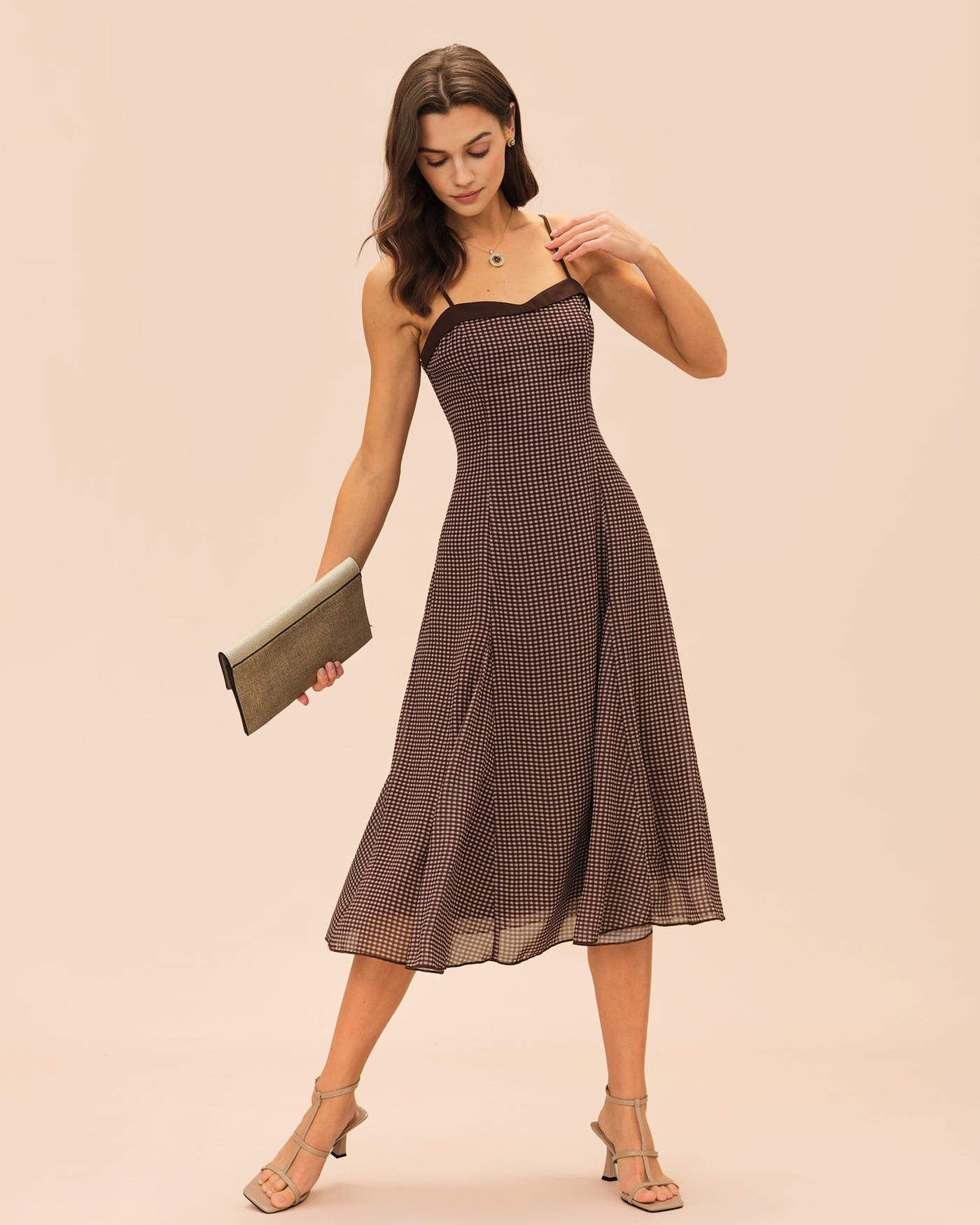 Brown Sweetheart Neck Plaid Slip Midi Dress