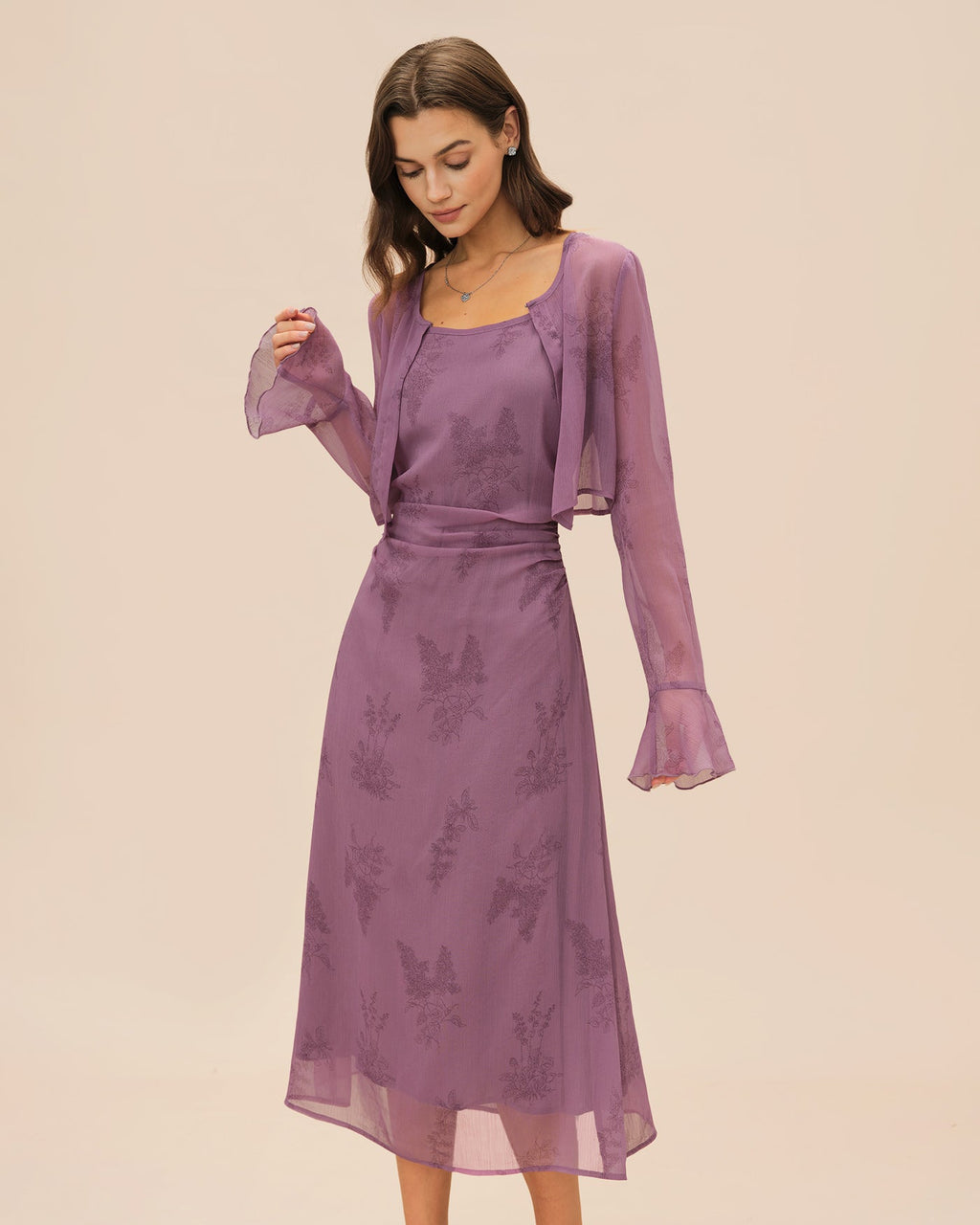 Purple Floral Ruched Slip Midi Dress