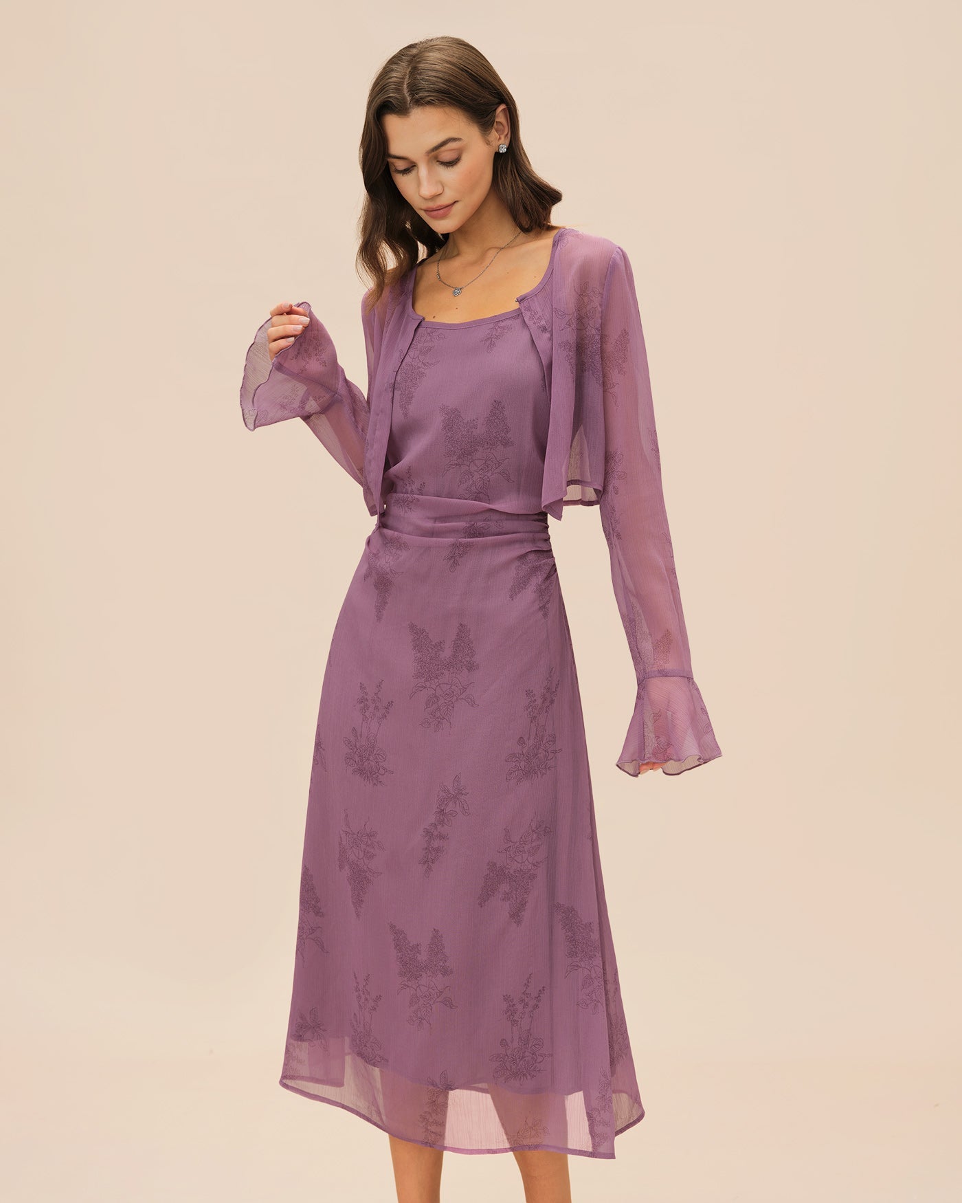 Purple Floral Ruched Slip Midi Dress