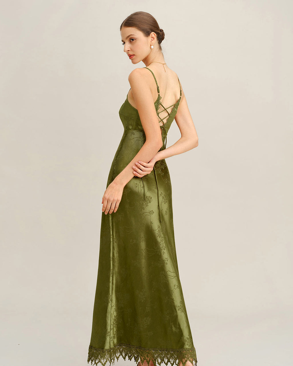 Vestido largo de jacquard verde tipo corsé
