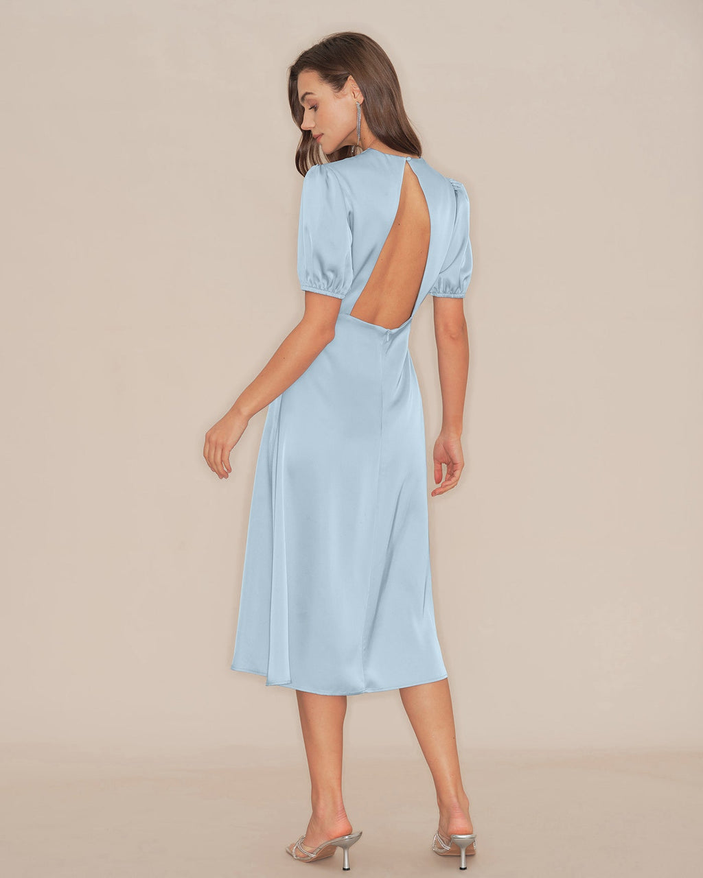 Blue Puffed Sleeve Backless Satin Midi Dress