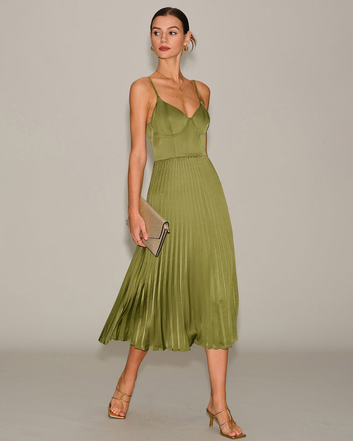 Green Sweetheart Neck Pleated Slip Midi Dress