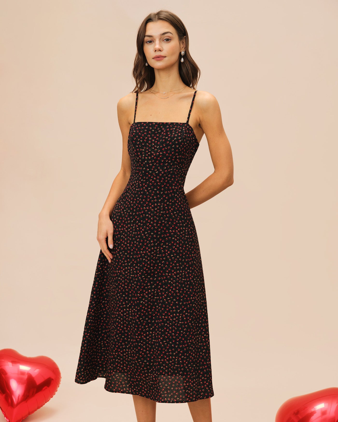 Black Floral Slip A-Line Midi Dress