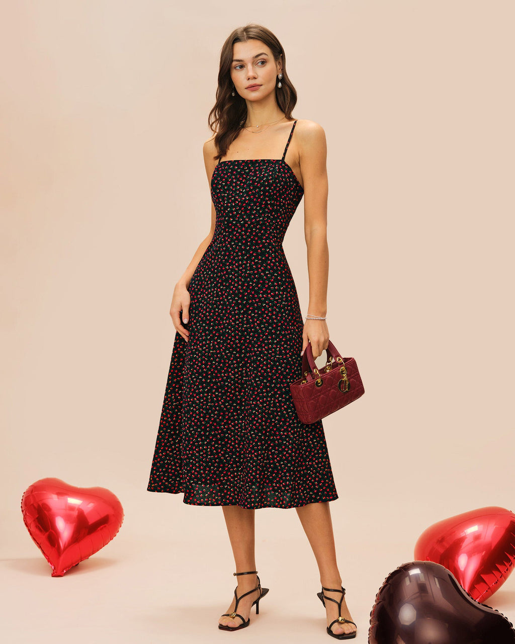 Black Floral Slip A-Line Midi Dress