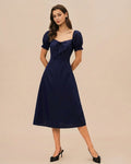 Vestido Midi con Mangas Abullonadas y Cuello de Pico Azul Marino