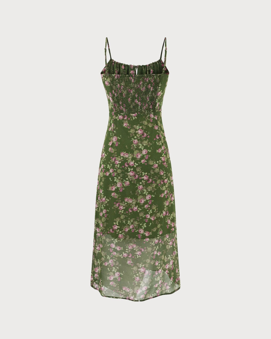 Green Shirred Floral Slip Midi Dress