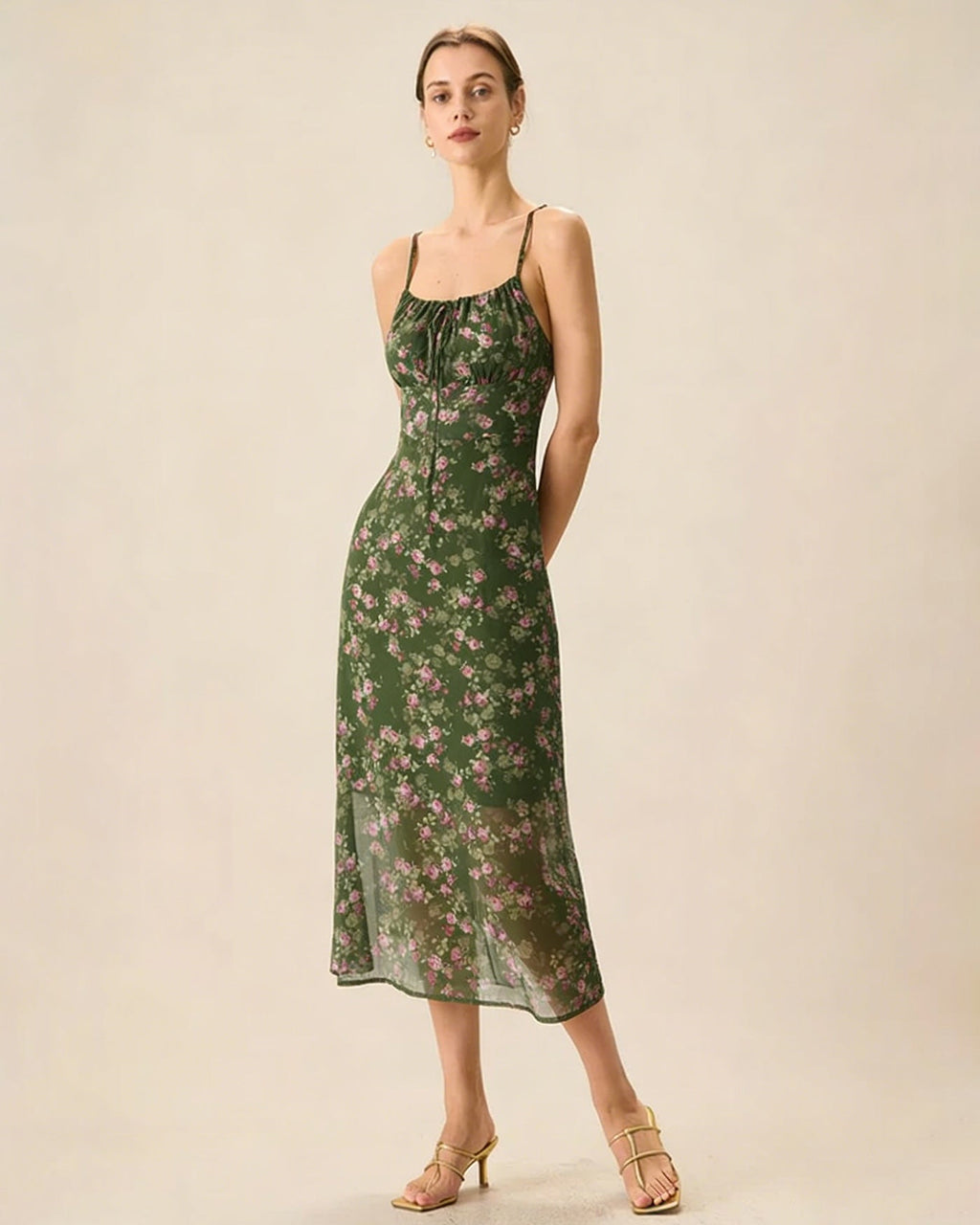 Green Shirred Floral Slip Midi Dress