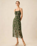 Green Shirred Floral Slip Midi Dress