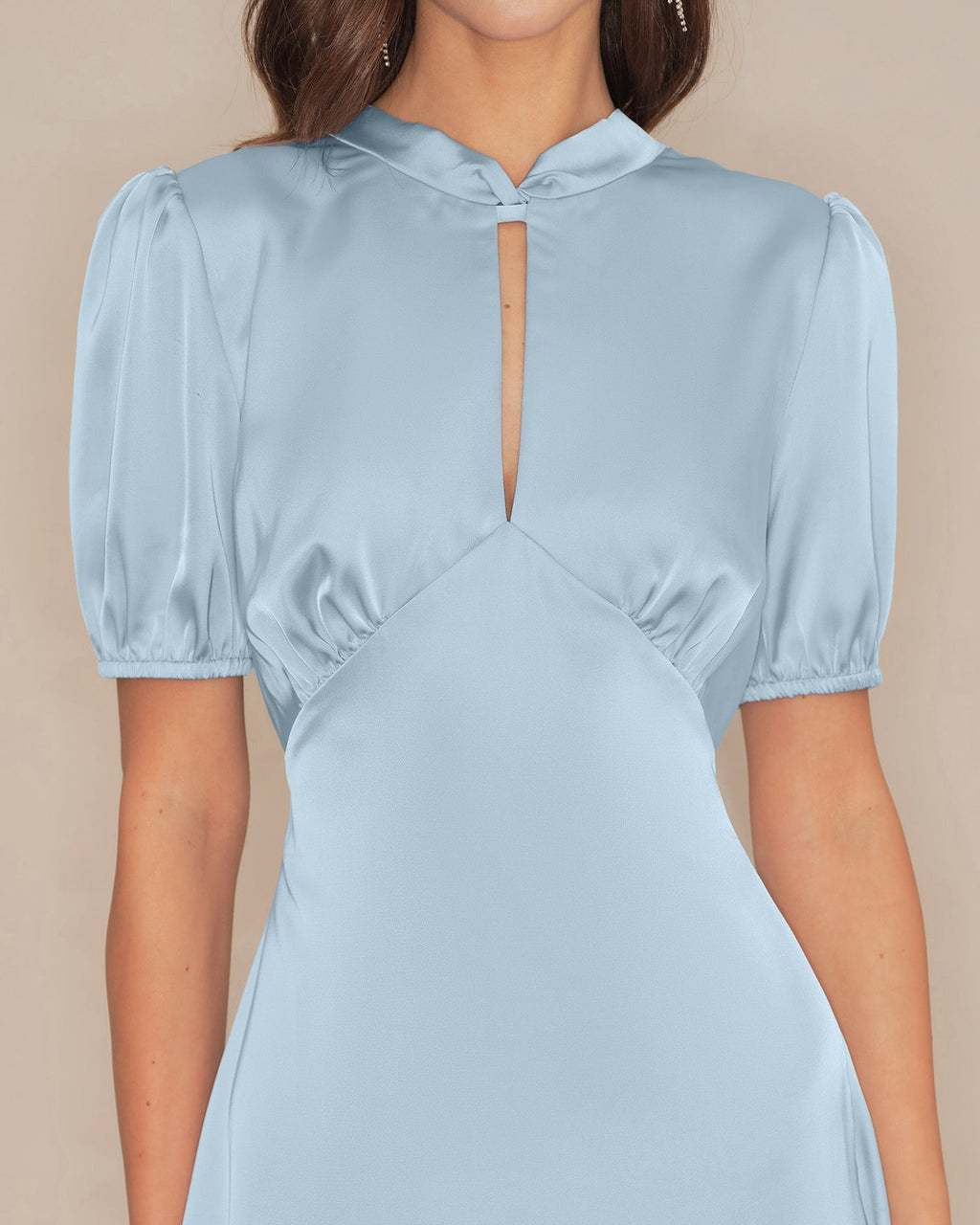 Blue Puffed Sleeve Backless Satin Midi Dress