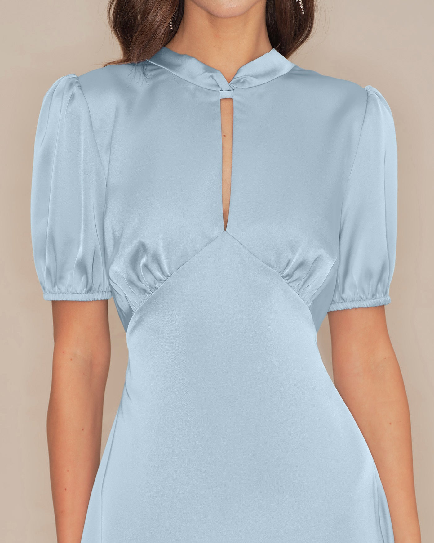 Blue Puffed Sleeve Backless Satin Midi Dress