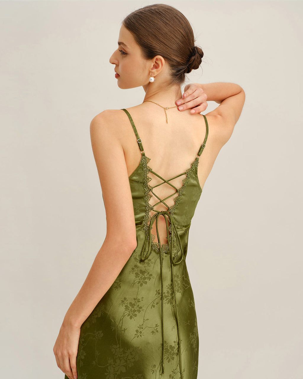 Vestido largo de jacquard verde tipo corsé