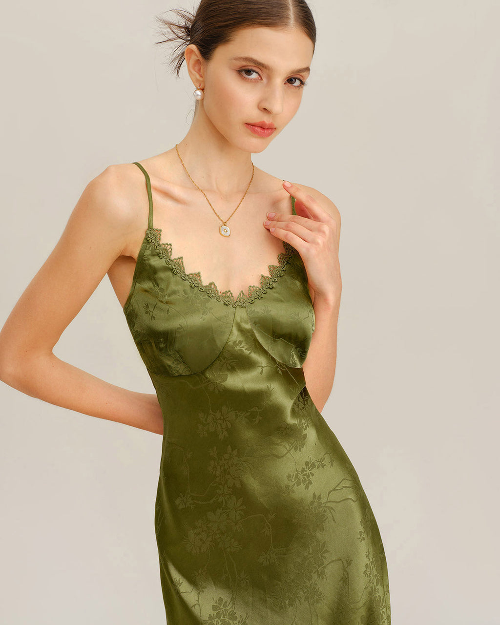 Vestido largo de jacquard verde tipo corsé