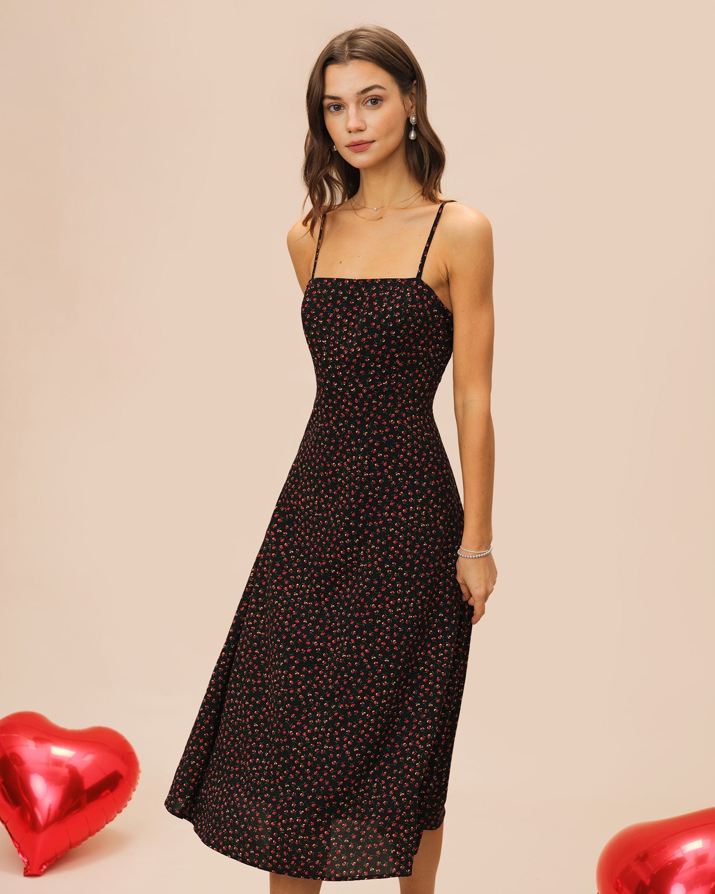 Black Floral Slip A-Line Midi Dress
