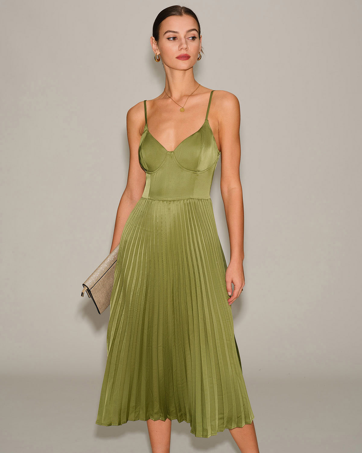 Green Sweetheart Neck Pleated Slip Midi Dress