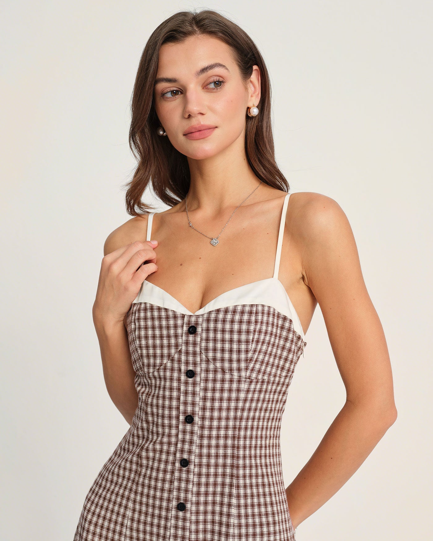 Coffee Plaid Slip Midi Dress