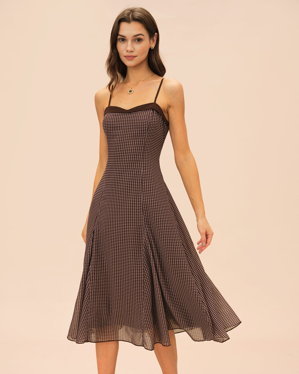 Brown Sweetheart Neck Plaid Slip Midi Dress