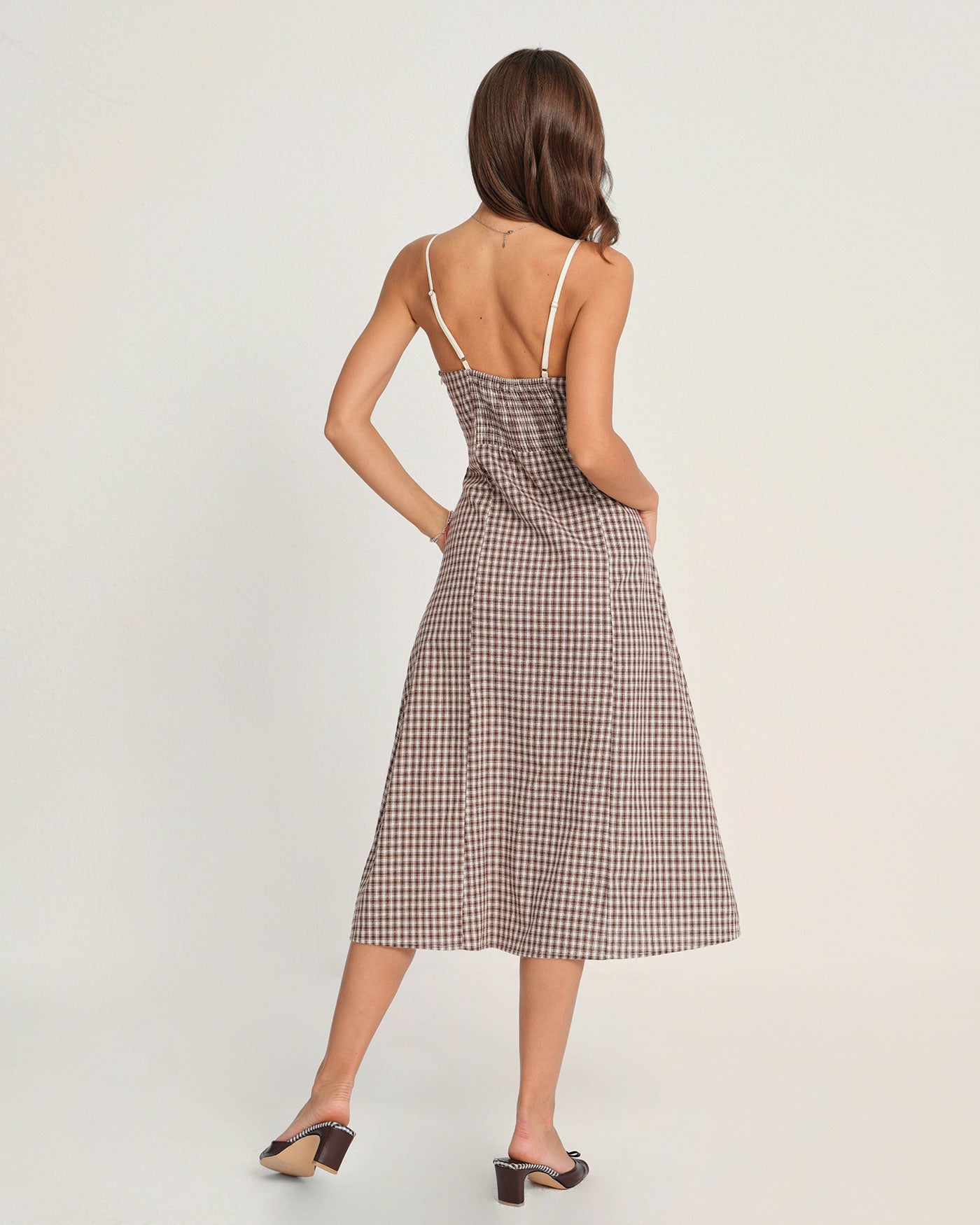 Coffee Plaid Slip Midi Dress