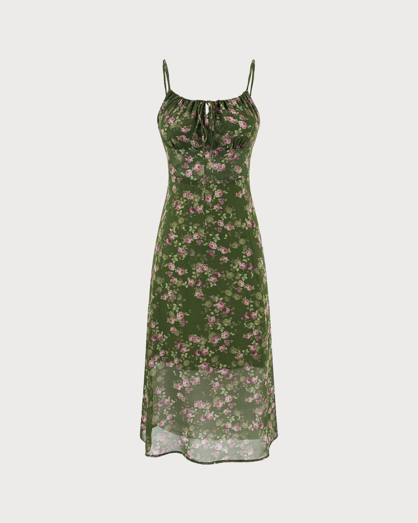 Green Shirred Floral Slip Midi Dress