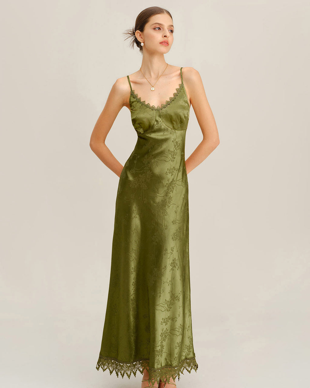 Vestido largo de jacquard verde tipo corsé