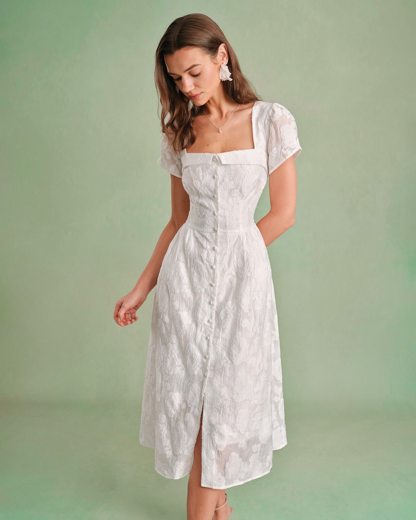 Vestido Midi con Escote Cuadrado Cruzado Blanco