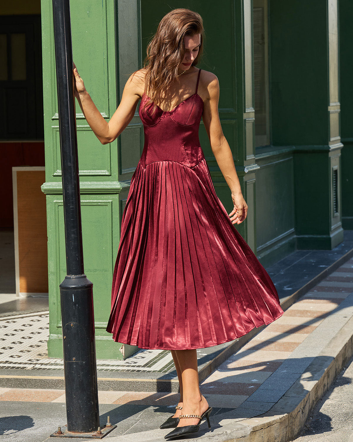 Wine Red Ruched A-Line Slip Midi Dress