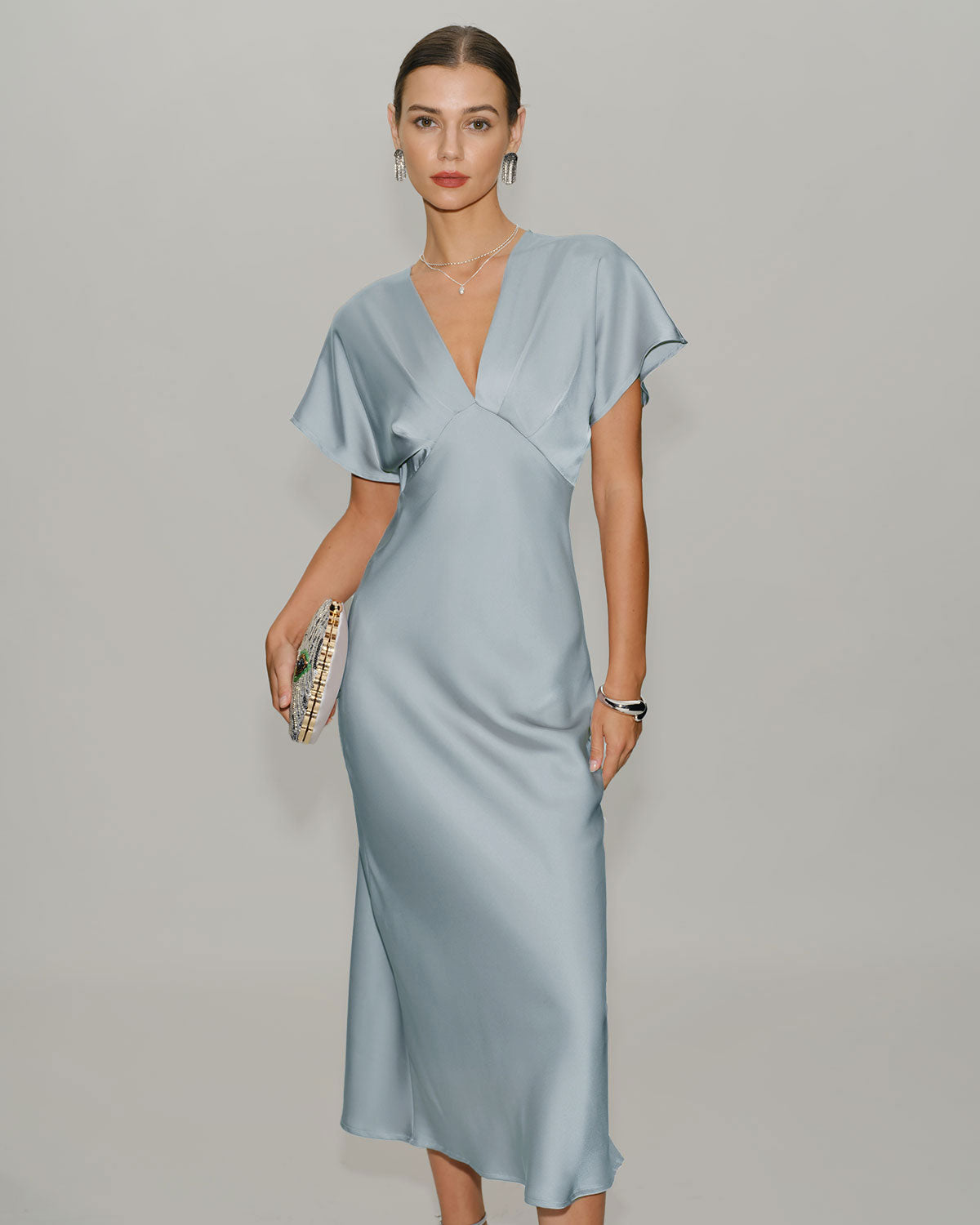 Blue V Neck Cowl Sleeve Satin Midi Dress