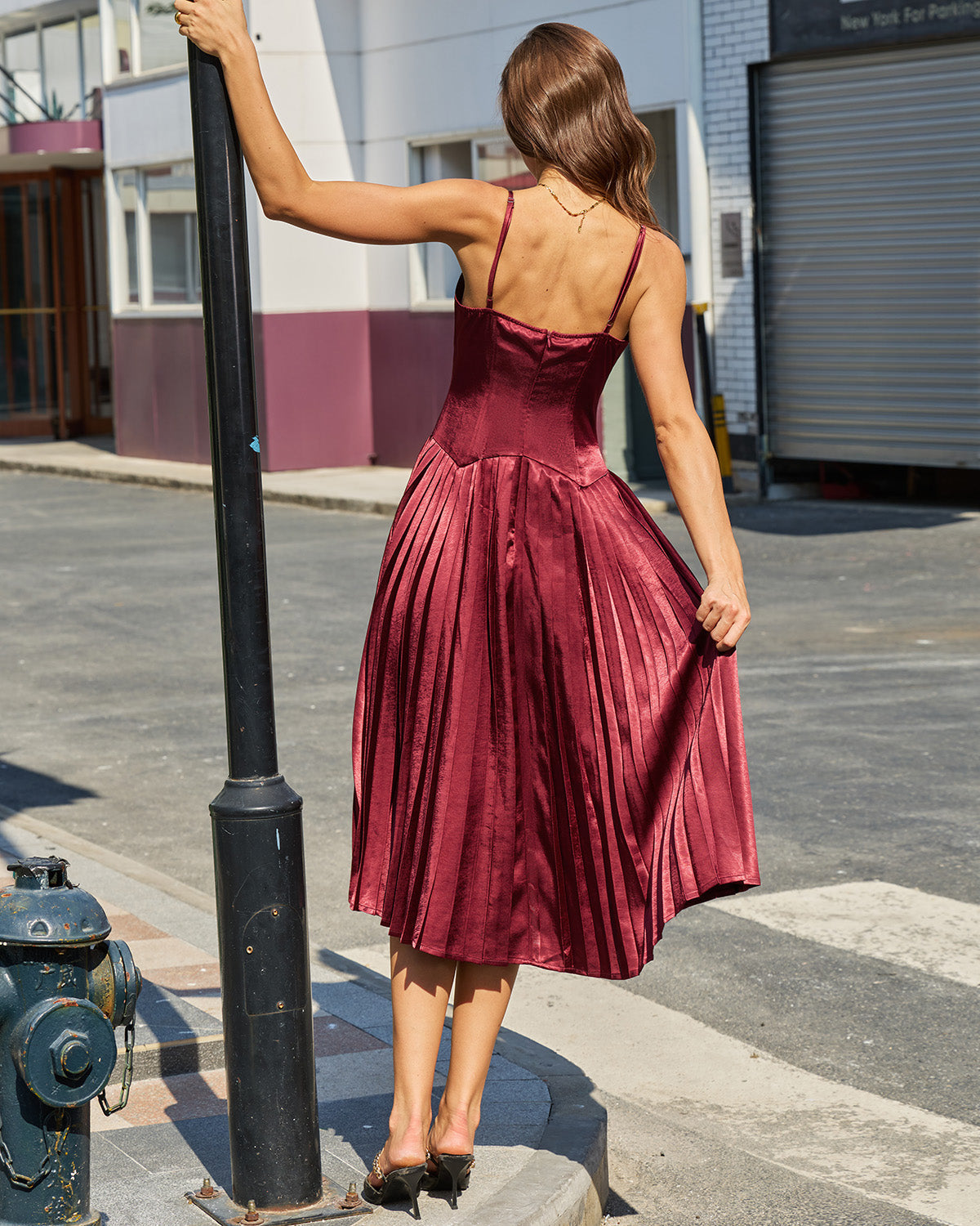Wine Red Ruched A-Line Slip Midi Dress