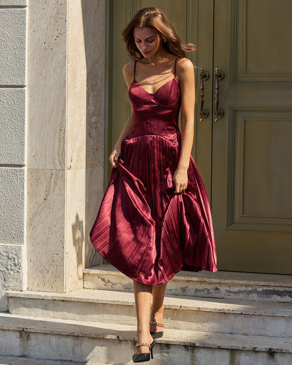 Wine Red Ruched A-Line Slip Midi Dress