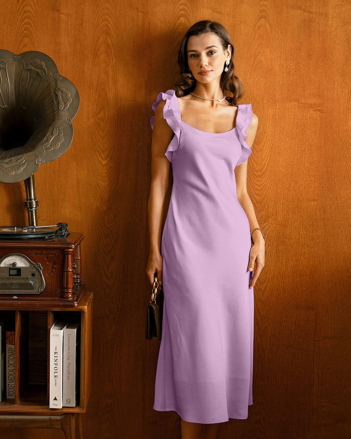 Purple Ruffle Slip Midi Dress