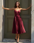 Wine Red Ruched A-Line Slip Midi Dress
