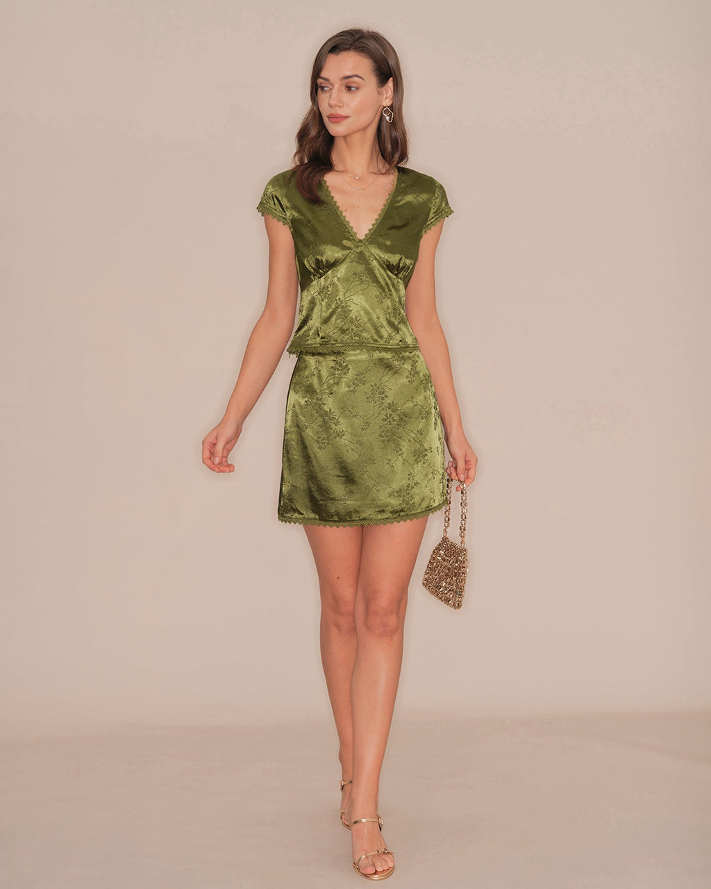 Minifalda de satén floral verde
