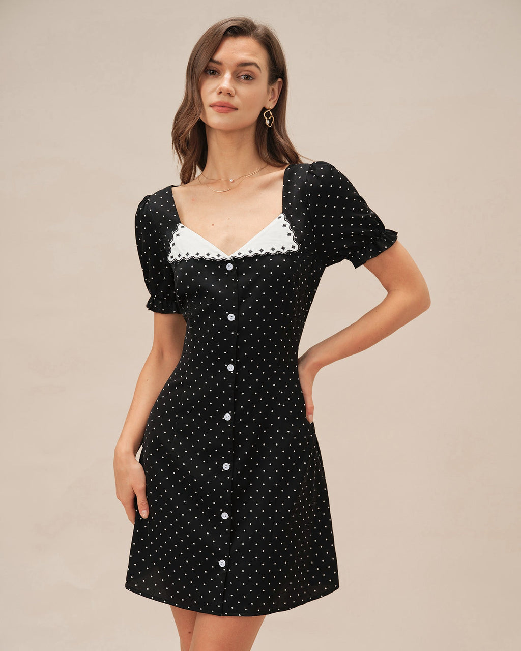 Black V Neck Polka Dot Mini Dress