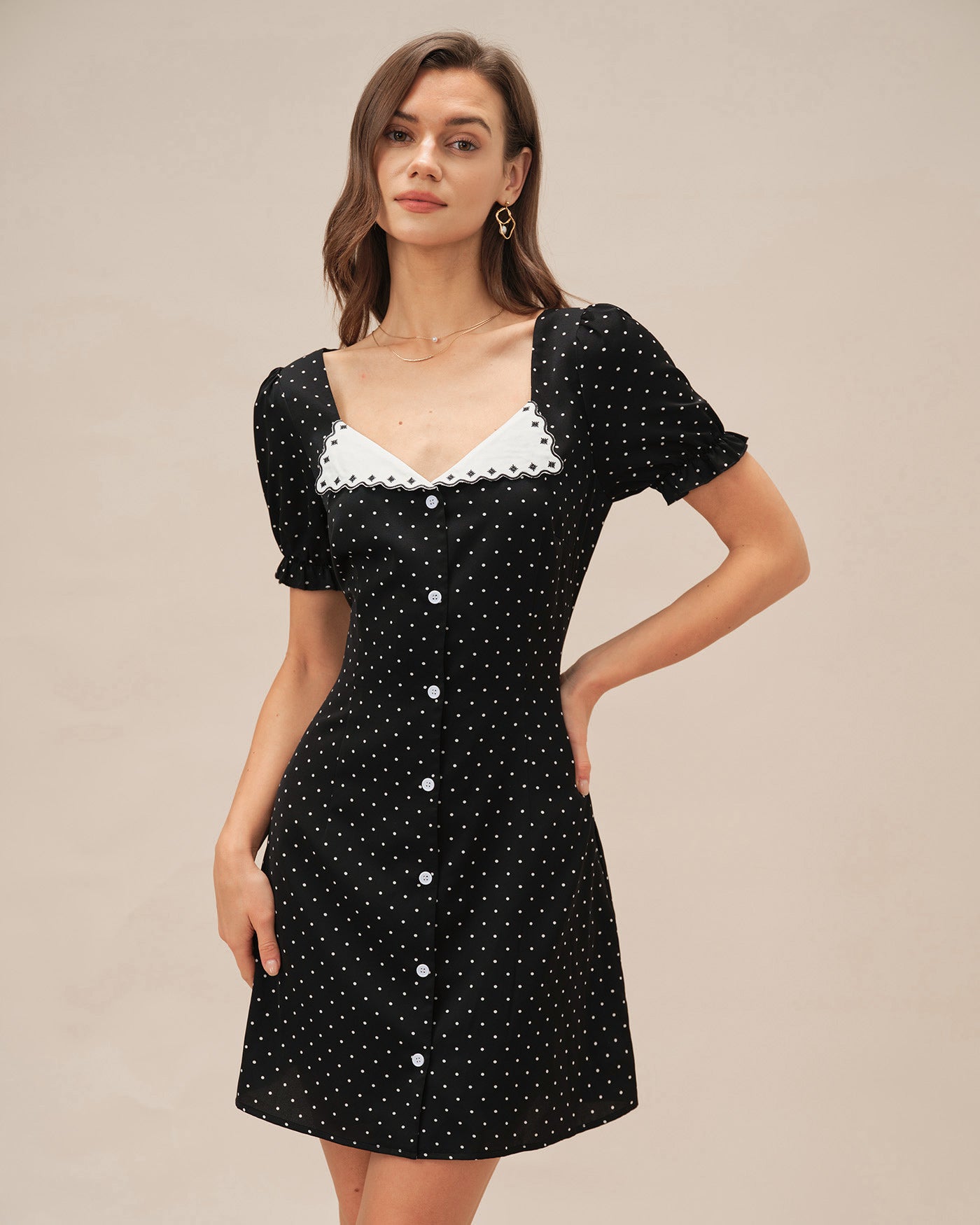Black V Neck Polka Dot Mini Dress