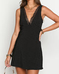 Black V Neck Lace Polka Dot Mini Dress