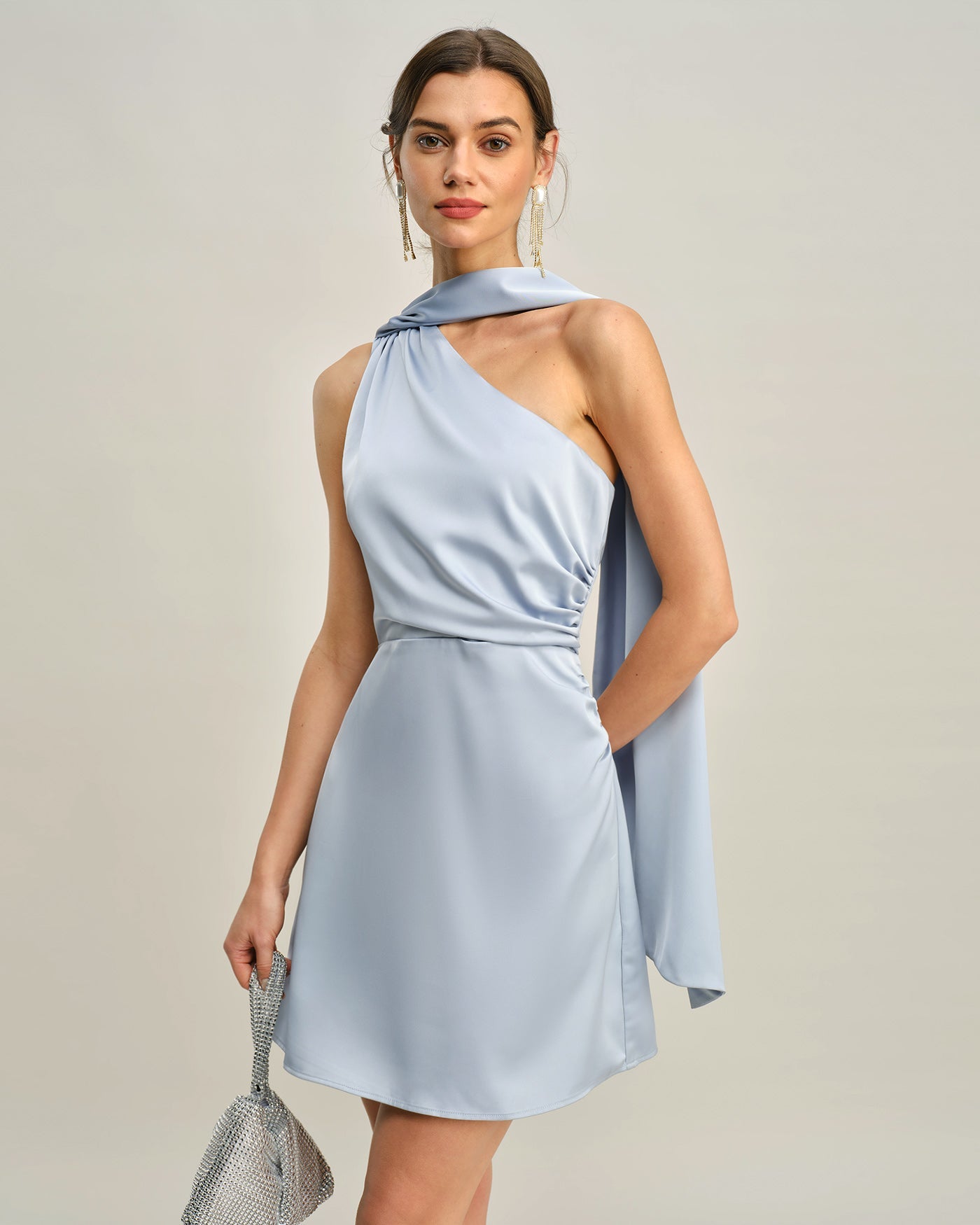Blue One Shoulder Satin Mini Dress