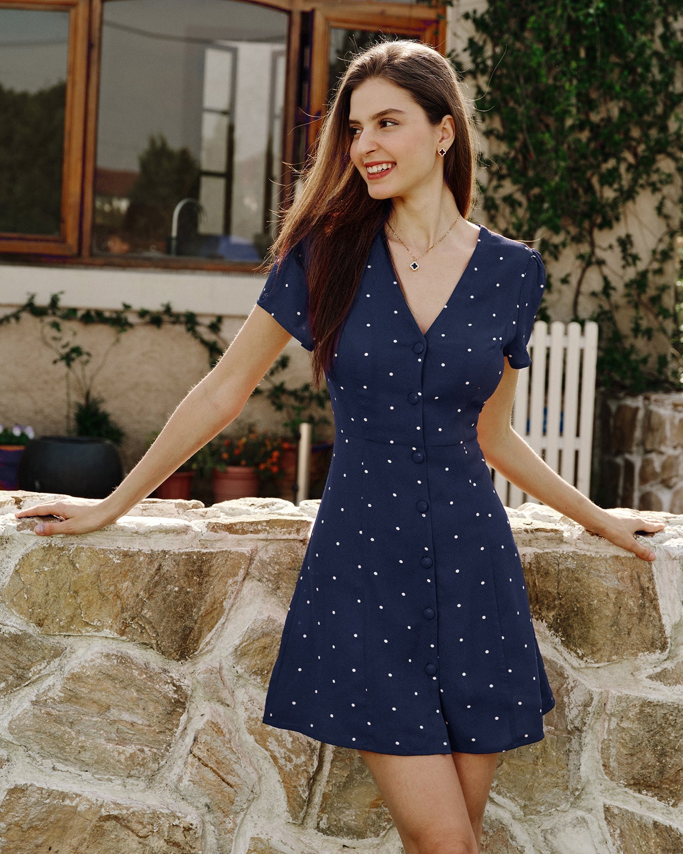 Blue V Neck Polka Dot Button Mini Dress
