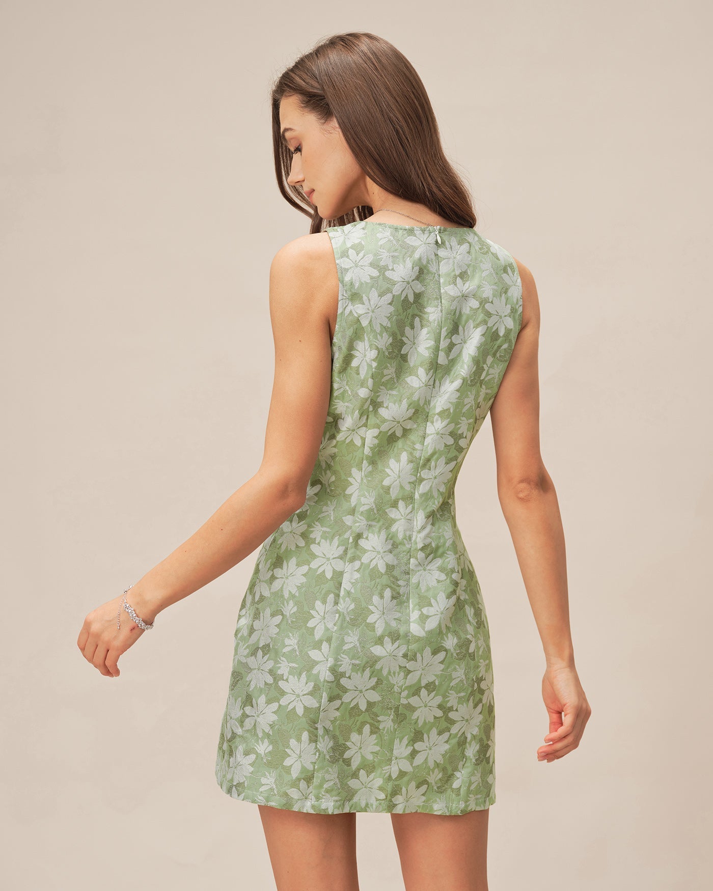 Green Square Neck Slit Floral Mini Dress