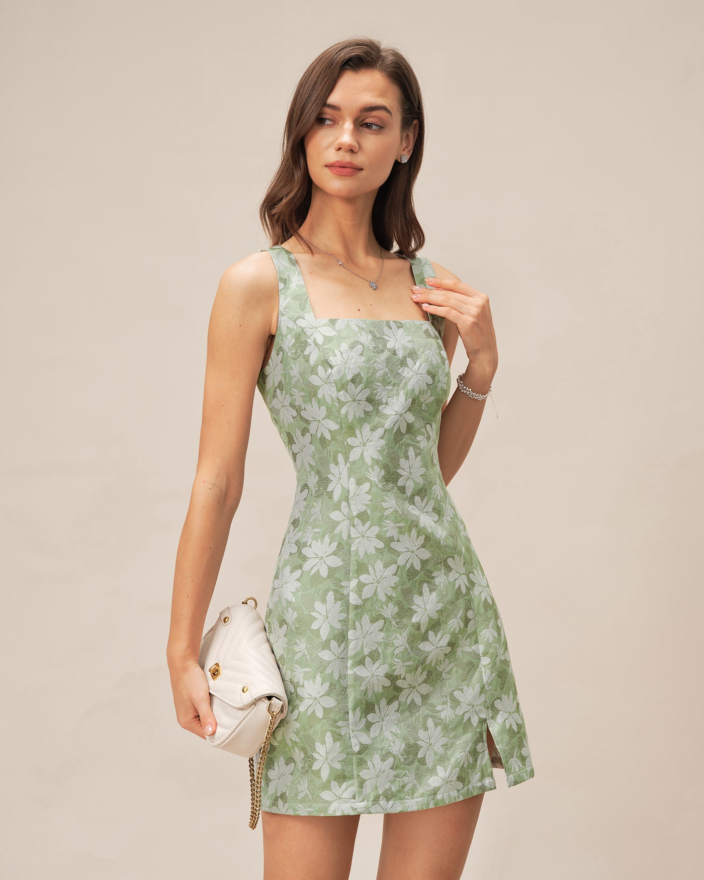 Green Square Neck Slit Floral Mini Dress