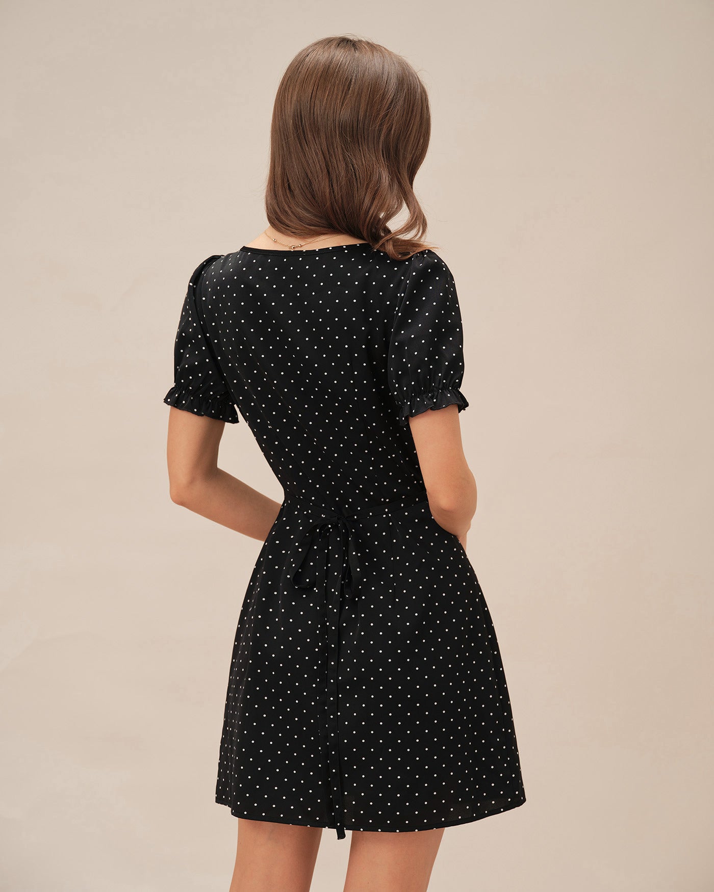 Black V Neck Polka Dot Mini Dress