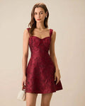 Minivestido jacquard escote corazón rojo vino