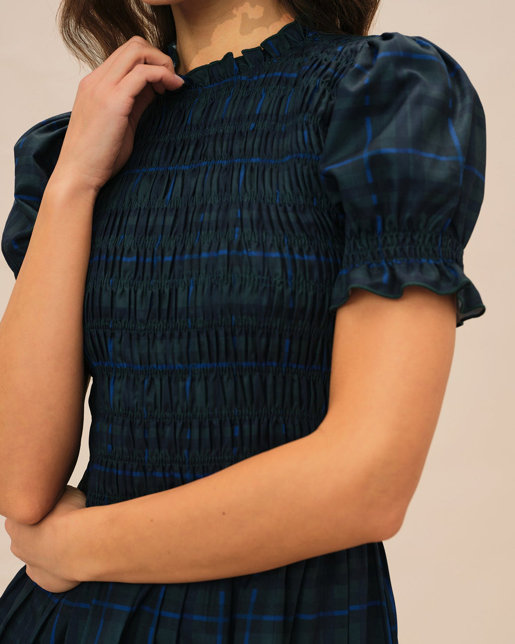 Green Plaid Puffed Sleeve Mini Dress