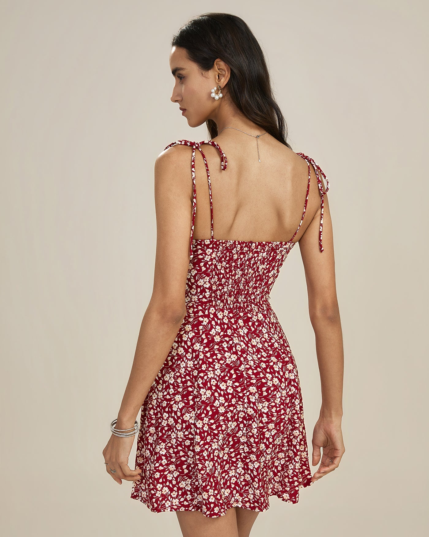 Red Floral Tie Straps Mini Dress