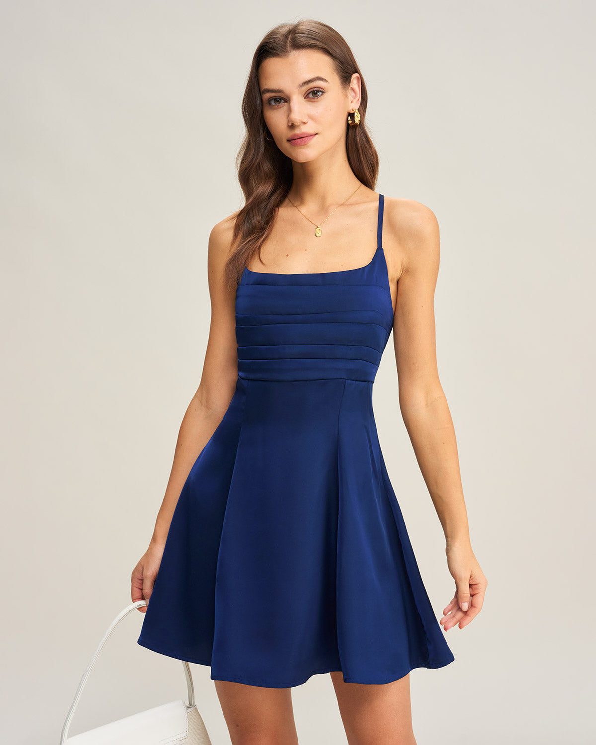 Navy Satin Pleated Slip Mini Dress