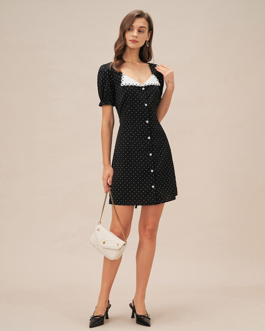 Black V Neck Polka Dot Mini Dress